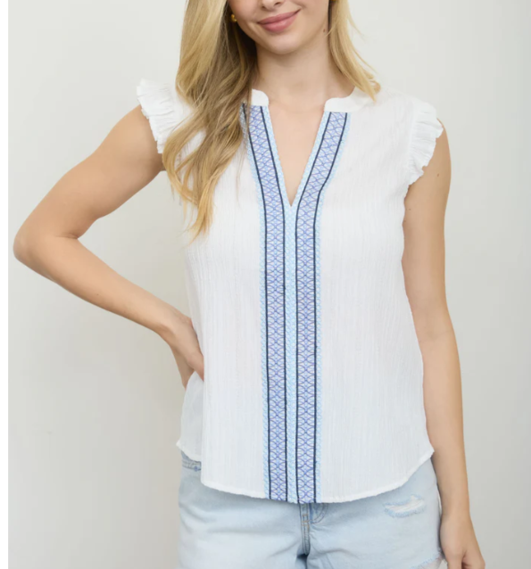 Ivory Embroidered Split Neck Top