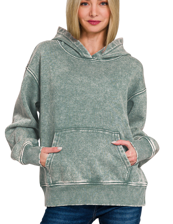 Ash Jade Fleece acid Wash Hoodie with Pocket