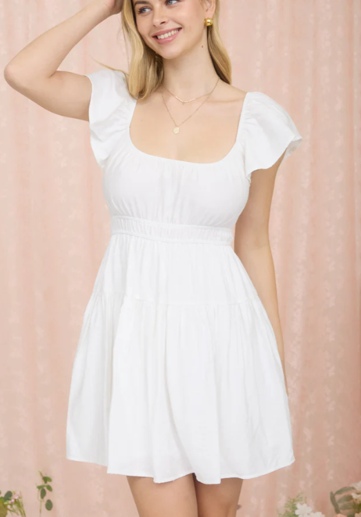 WHITE SHIRRED FLOUNCE SLEEVE MINI DRESS – Chic And Sage Boutique