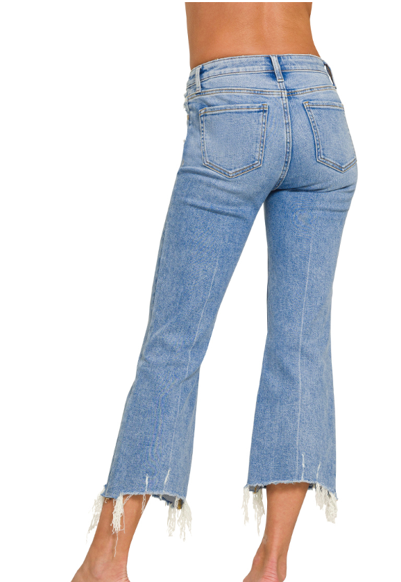 Medium Washed Kick Crop Flare Denim By Zenana