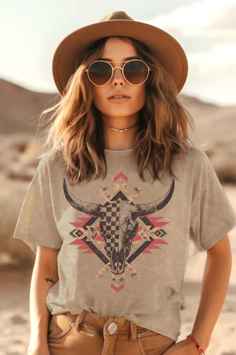Checker Bull Skull Aztec Mineral Graphic Tee