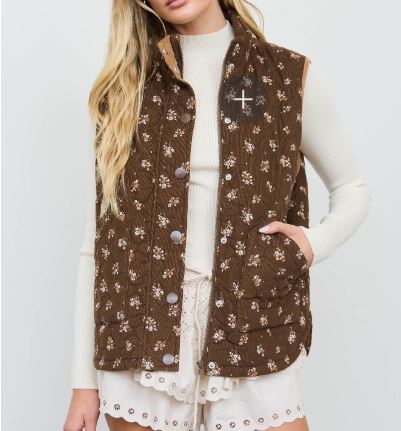 Brown Floral Quilted Corduroy Vest