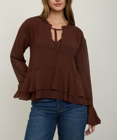 Brown Tiered Ruffle Tie-neck Long Sleeve Top