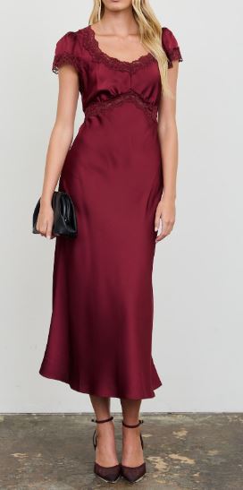 Burgundy Satin Lace Trim Puff Sleeve Midi Dress