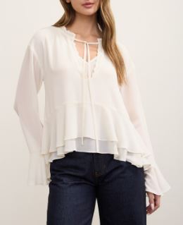 Cream Tiered Ruffle Tie-neck Long Sleeve Top