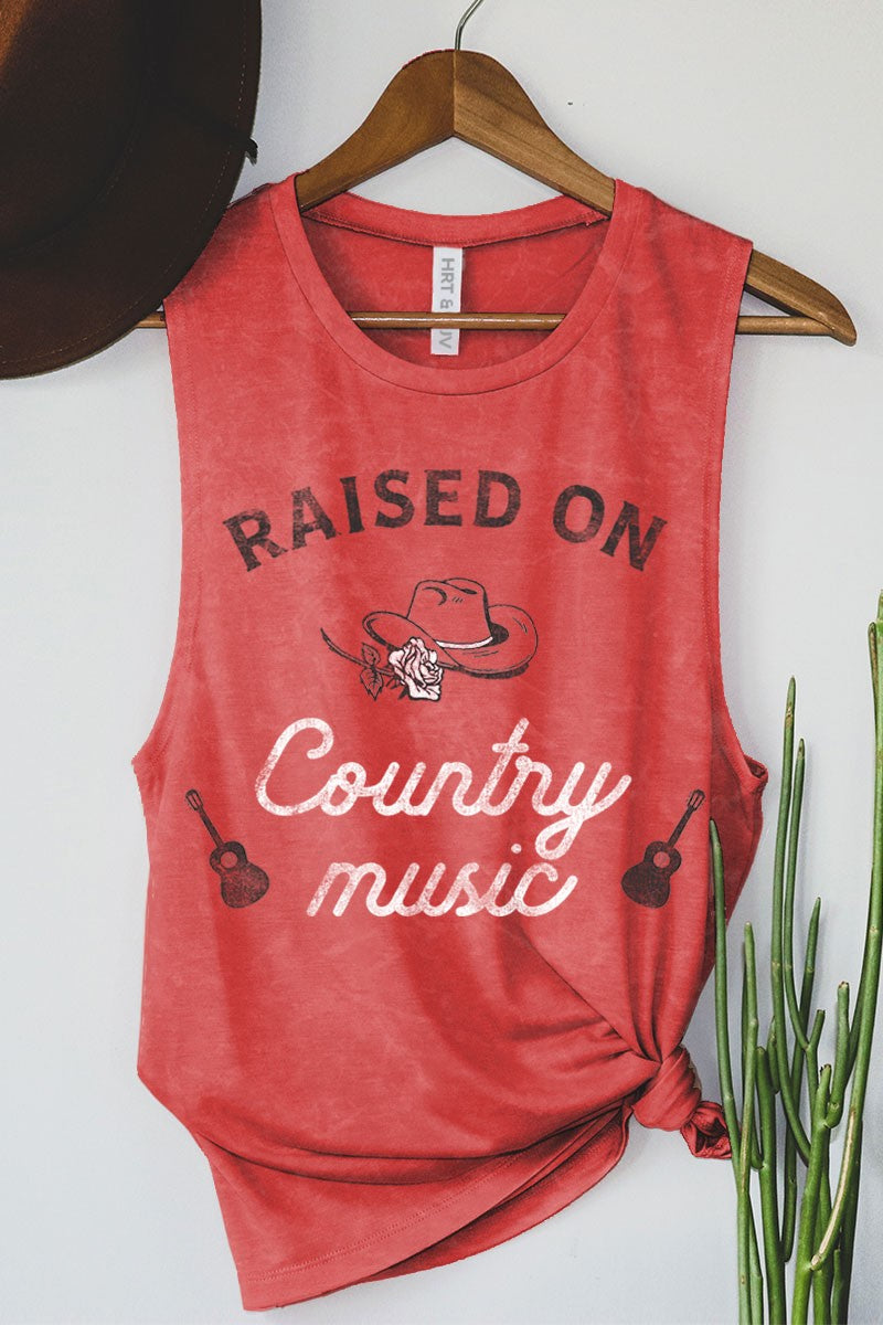 Red Raised On Country Music Mineral Graphic Tank Top