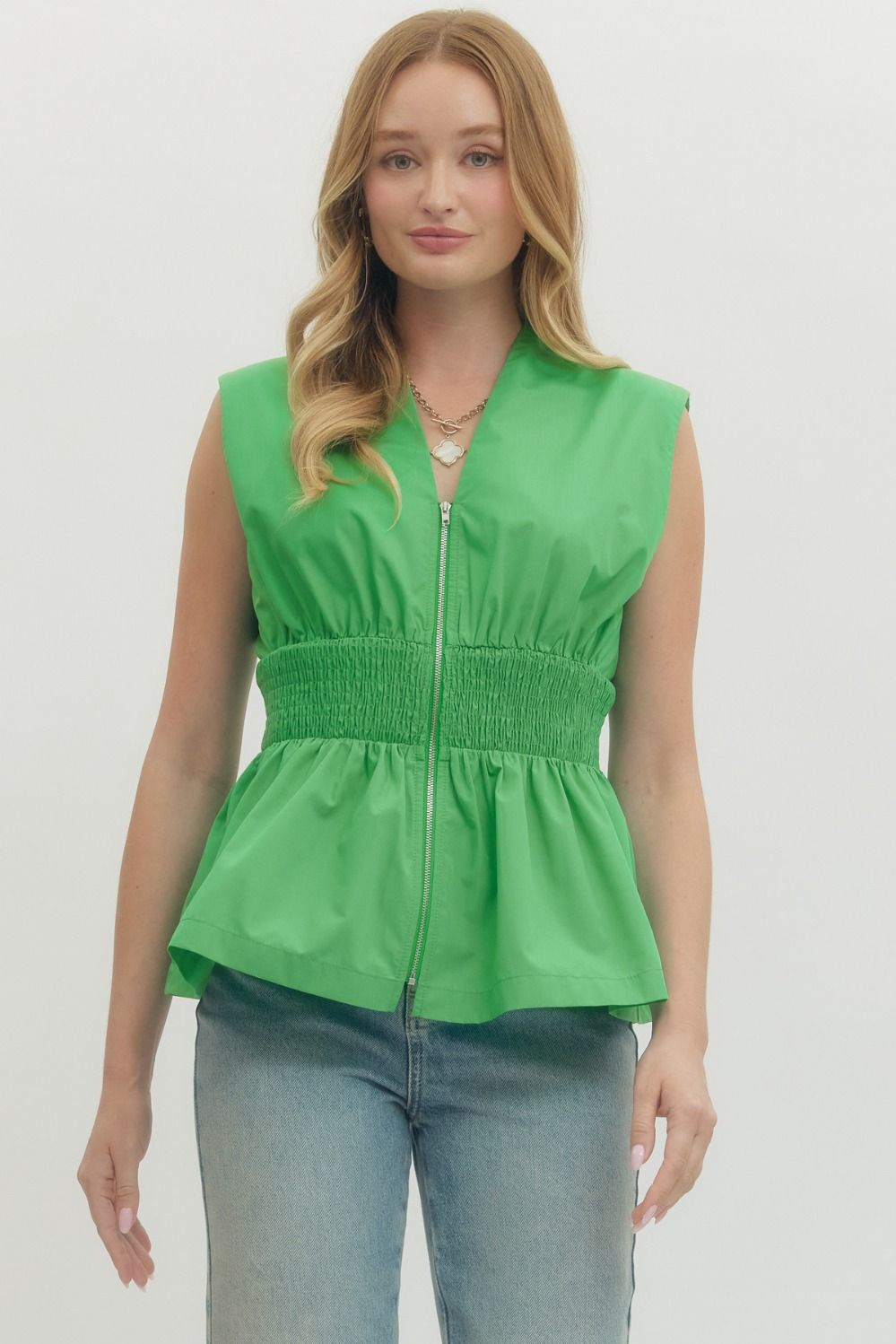 Kelly Green Sleeveless Smocked Waist Peplum Top