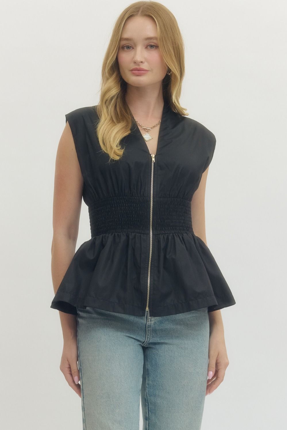Black Sleeveless Smocked Waist Peplum Top