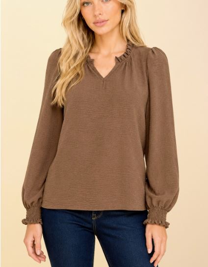 Coffee Long Sleeve V-Neck Blouse w/ Ruffle Collar