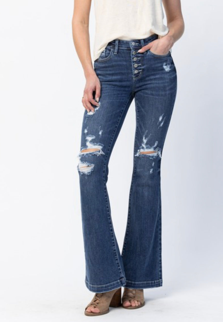 Judy Blue Midrise Button Fly Distressed Trouser Flare