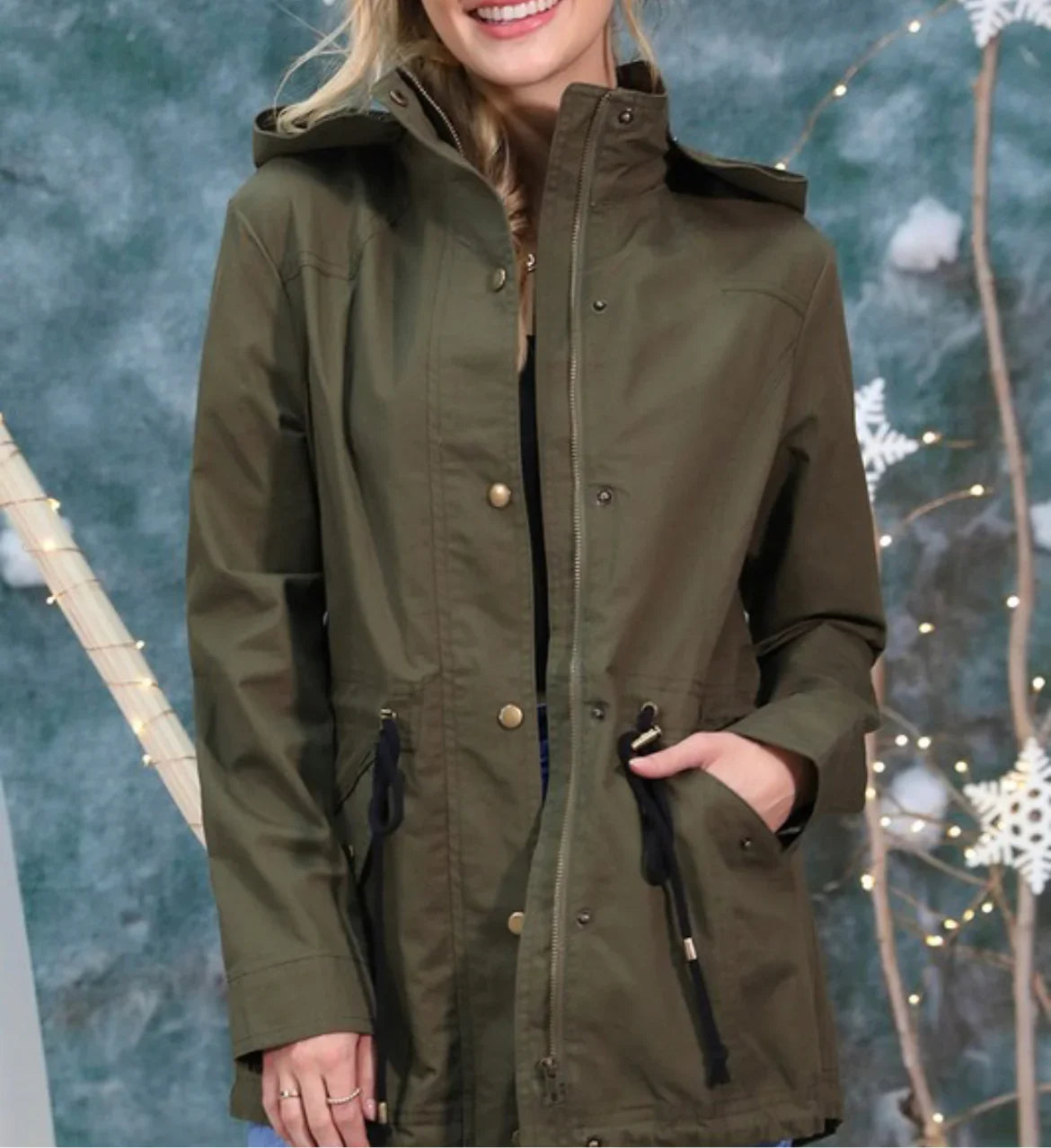 Olive green hooded women's jacket with drawstring waist and front pockets