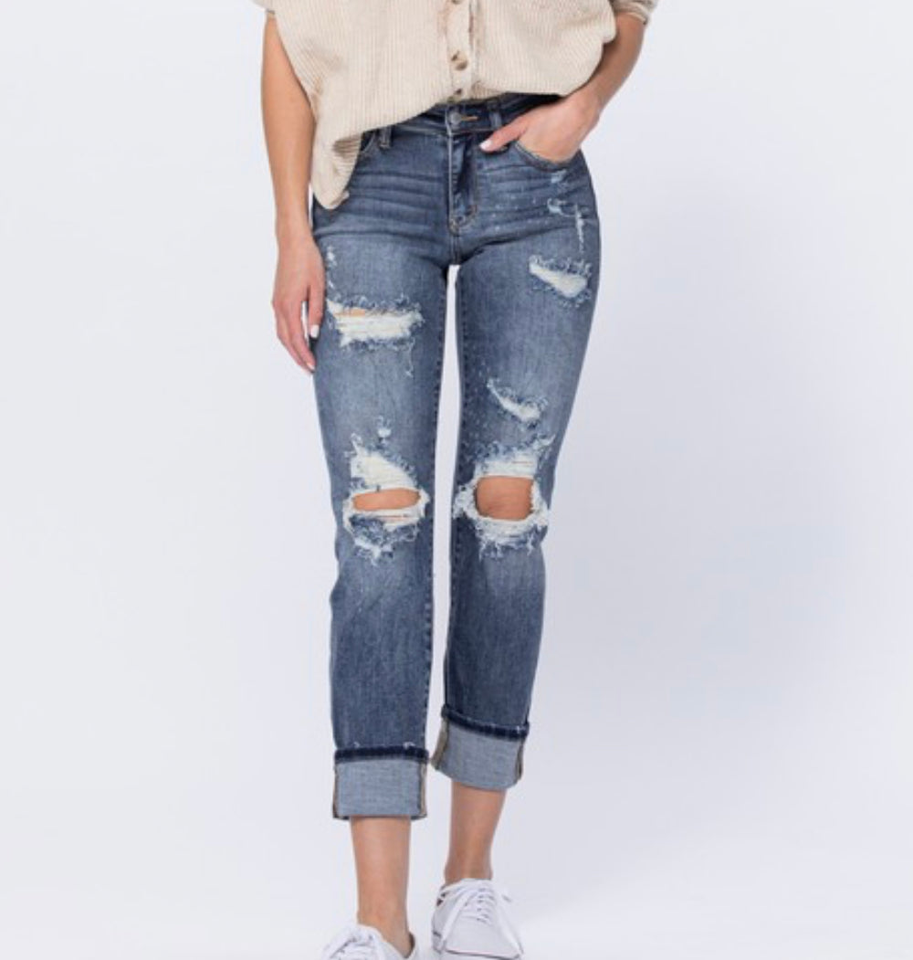 Judy Blue Mid- Rise Bleach Splash Boyfriend Jean