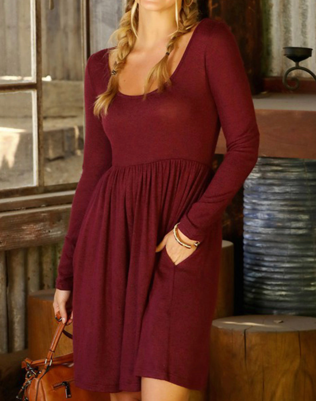 Burgundy Long Sleeve Scoop Neck Dress