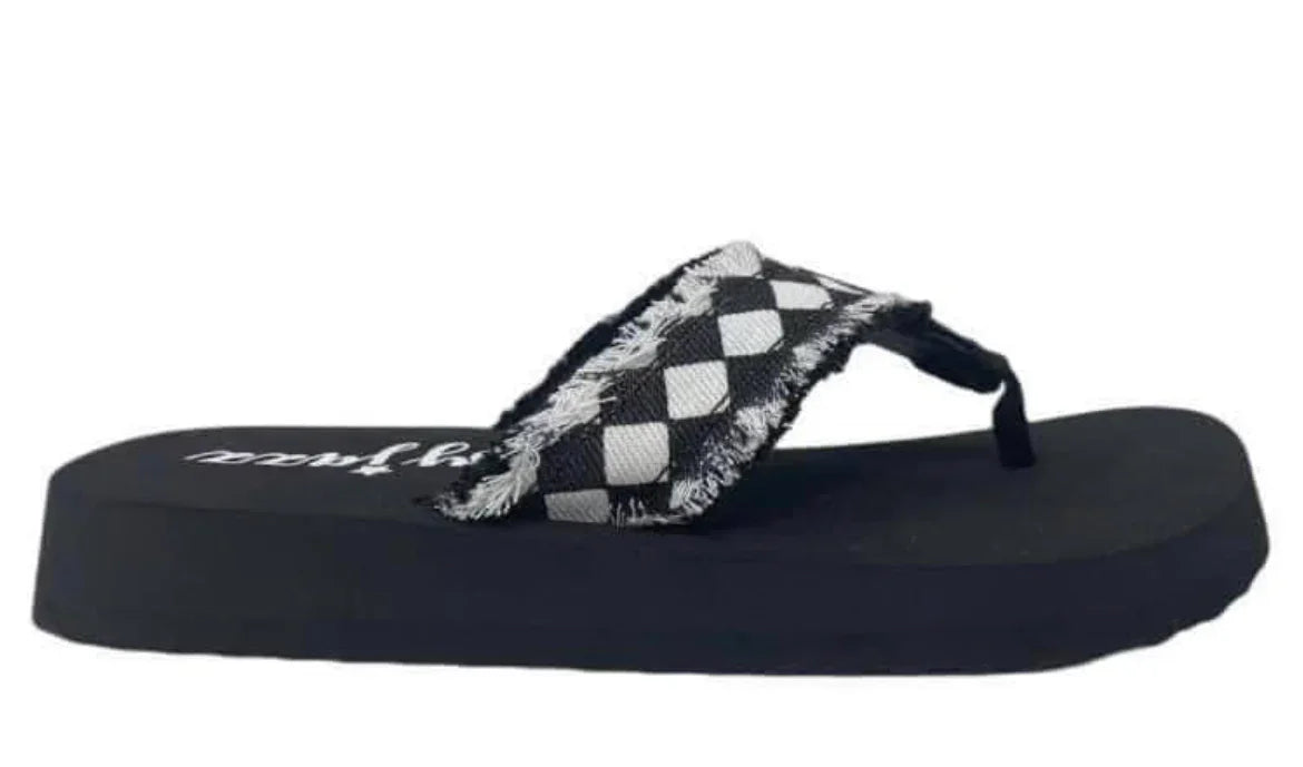 Black and white checkered flip flop with frayed edges, perfect for western or country fashion