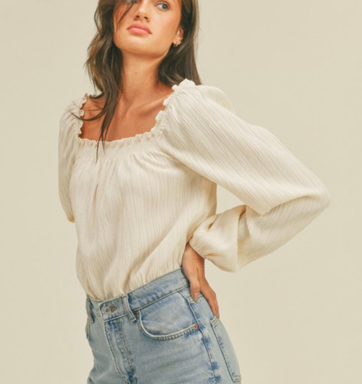 Sale! Cream Square Neck Long Sleeve Bodysuit