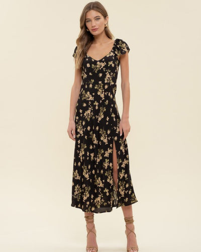 Black Floral V Neck Midi Dress