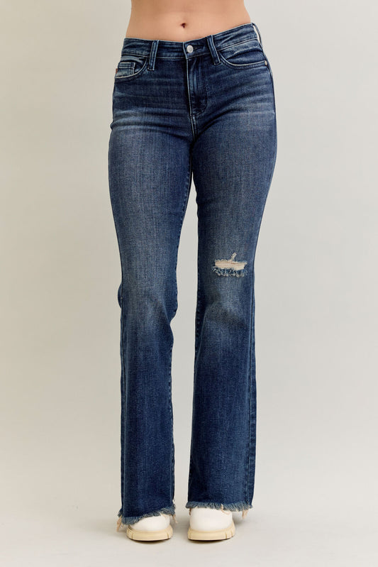 Judy Blue Mid Rise Dark Wash Distressed Flare with Fray Hem