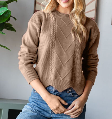 Tan Cable Knit Drop Shoulder Sweater w/ Zig Zag Hem