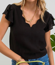 Load image into Gallery viewer, Black Scallop V Neck Top with Flutter Sleeve