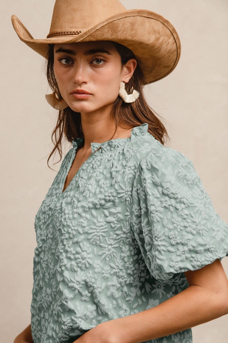 Sage Floral Pattern Texture Sleeves Ruffled V-neck Top