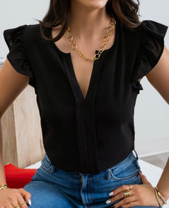 Black Split Neck Flutter Sleeve Top