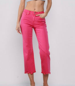 Hot Pink Mid Rise Straight Leg Jeans w/Fray Hem