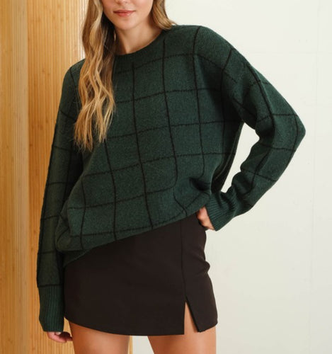 Emerald Grid Print Crew Neck Pullover Sweater