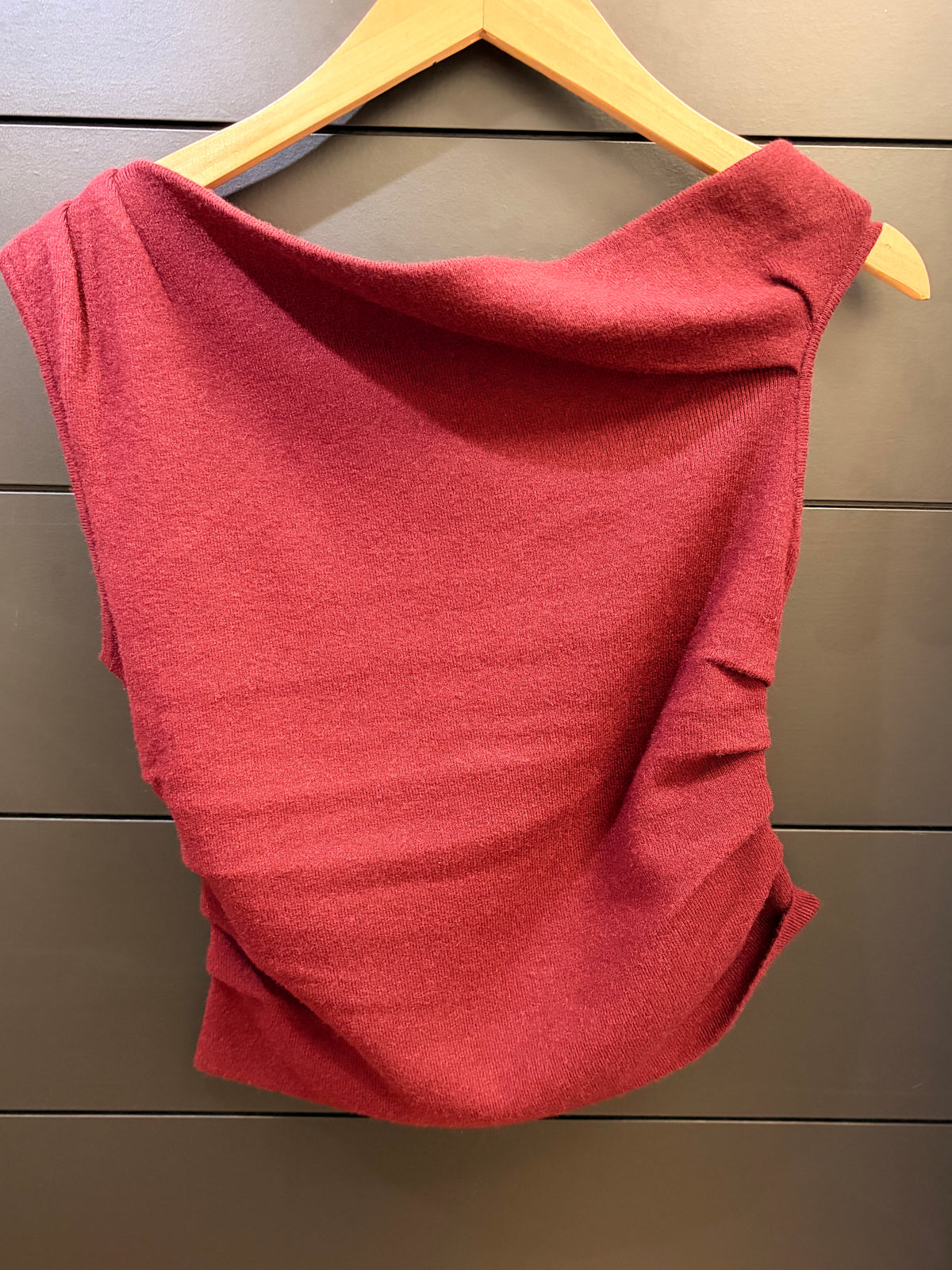 Burgundy Asymmetric Boat Neck Fitted Knit Sweater Top