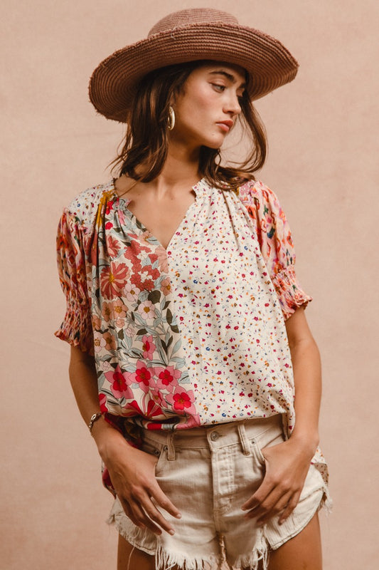 Floral Print Mix Peasant Top
