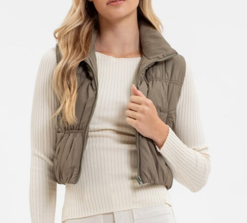 Olive Zip Up Cropped Puffer Vest