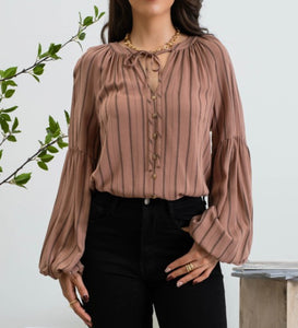 Mocha Striped Peasant Top