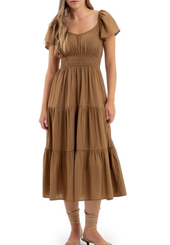 Brown V-Neck Tiered Ruched Waist Midi Dress