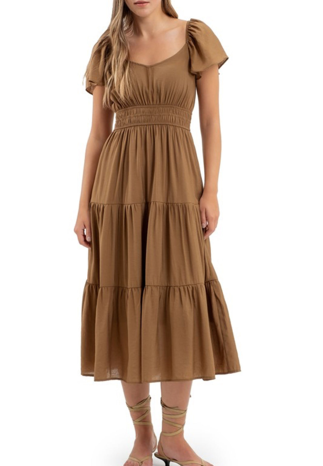 Brown V-Neck Tiered Ruched Waist Midi Dress