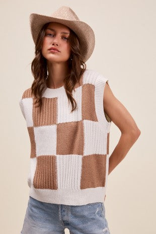 Tan Check Plaid Casual Sleeveless Sweater Top