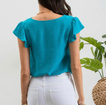 Load image into Gallery viewer, Teal Scallop V Neck Top with Flutter Sleeve