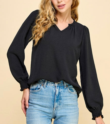 Black Ruffled V-Neck Long Sleeve Top