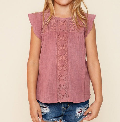 Youth Girls Mauve Crochet Front Flutter Top