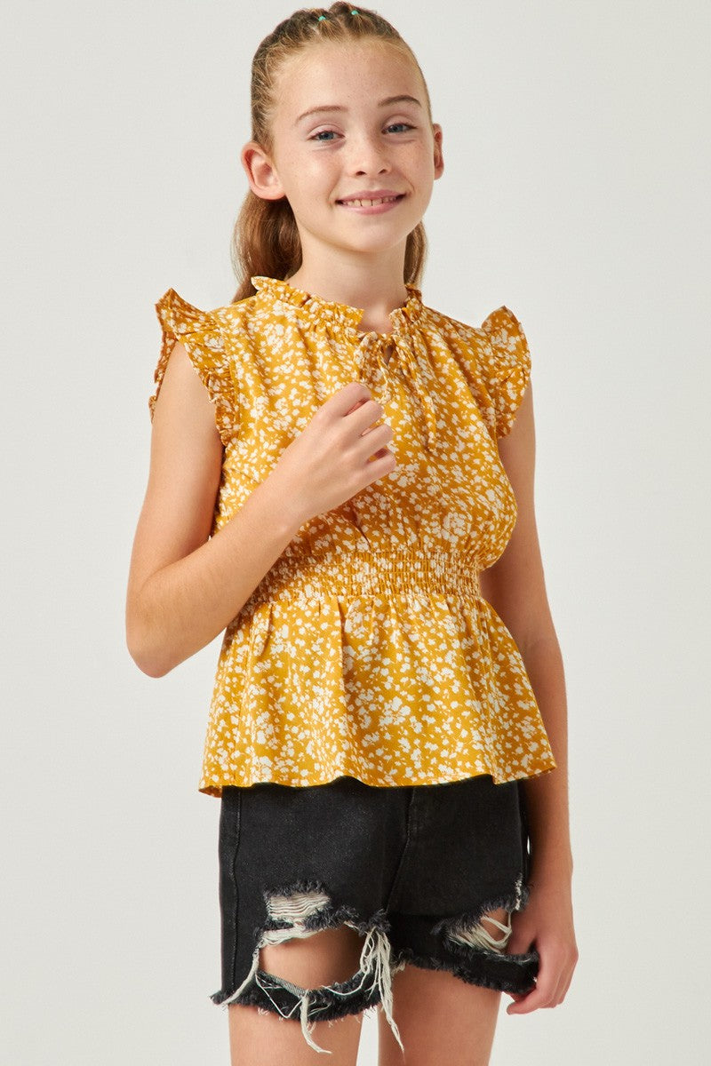 Girls Mustard Smock Waist Ruffled Tie Neck Tank
