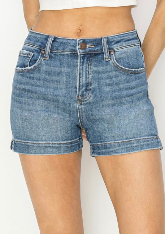 Risen High Rise Mid Wash Side Slit Shorts