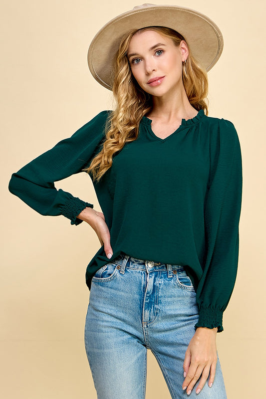 Emerald Long Sleeve V-Neck Blouse w/ Ruffle Collar