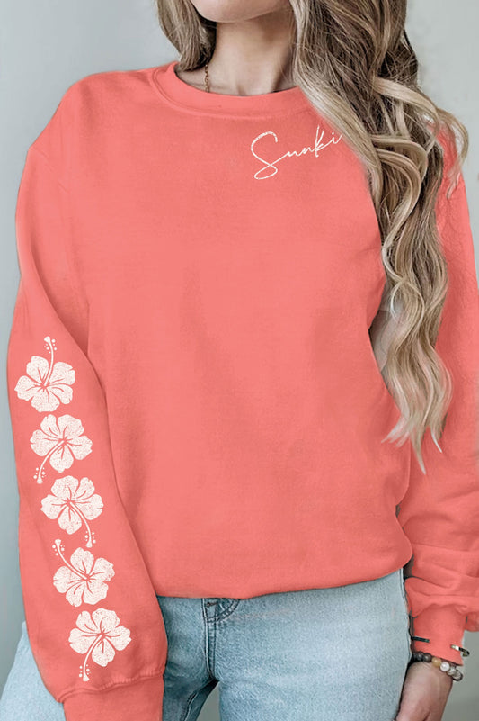 Coral Sunkissed Hibiscus Puff Graphic Sweatshirt