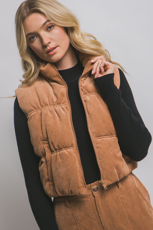 Camel Corduroy Zip Up Puffer Vest