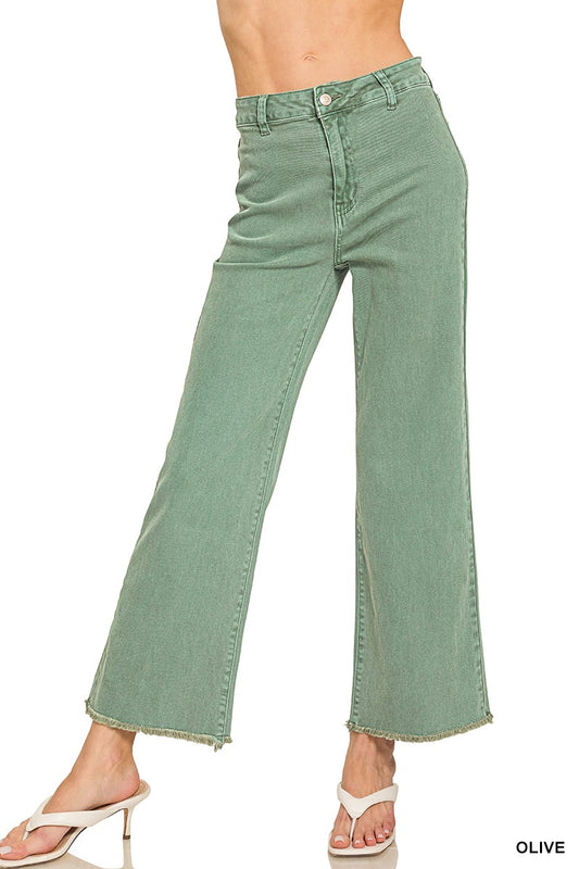 Olive Wide Leg Cropped Raw Hem Jeans