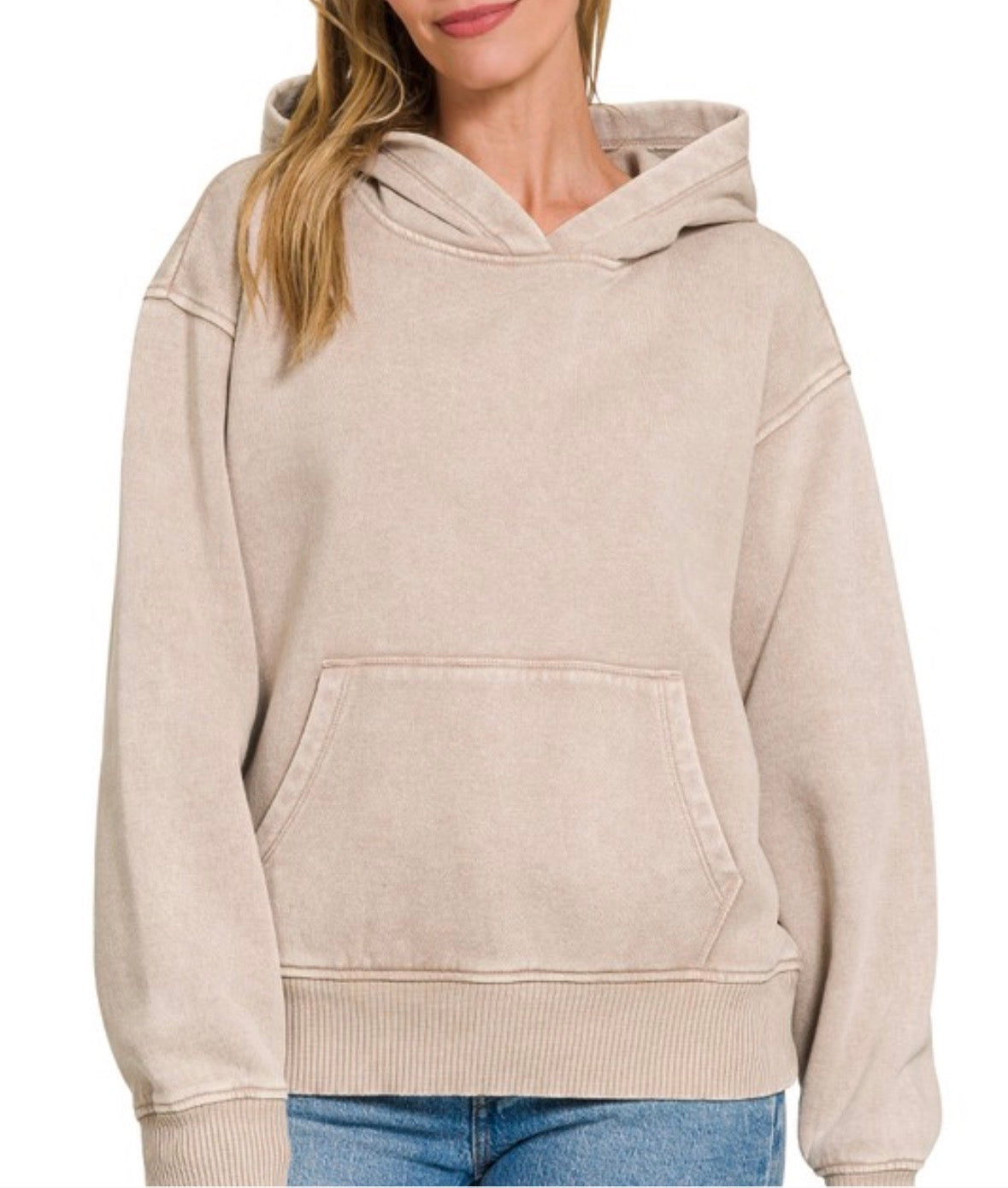 Latte Fleece acid Wash Hoodie with Pocket
