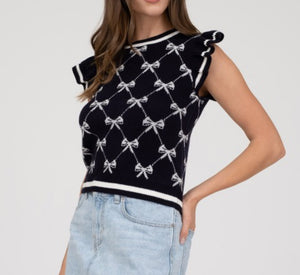 Navy Bow Ruffle Sleeve Sweater Knit Top