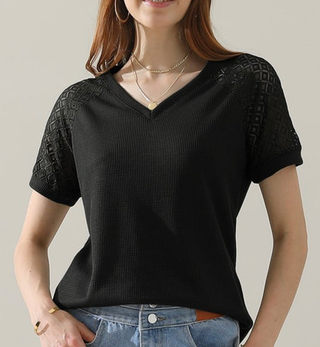 SALE! Black Lace Sleeve Waffle Knit Short Sleeve Top