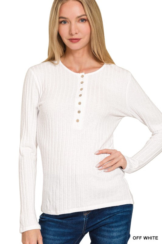 White Ribbed Long Sleeve Button Down Top