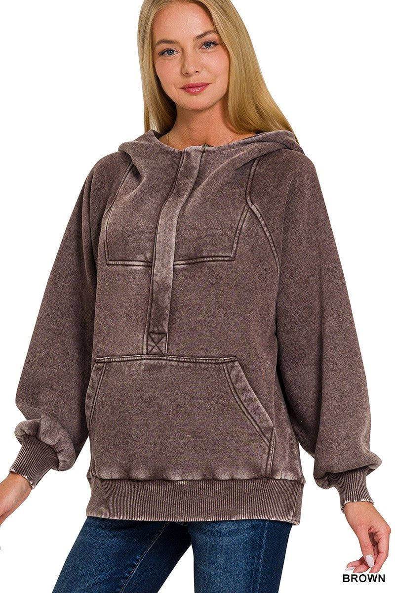 Brown Acid Wash Fleece Oversized 1/4 Zip Kangaroo Hoodie