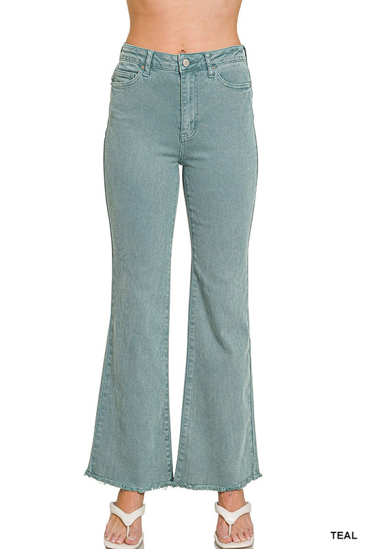 Teal Frayed Cutoff Hem Straight Wide Pants