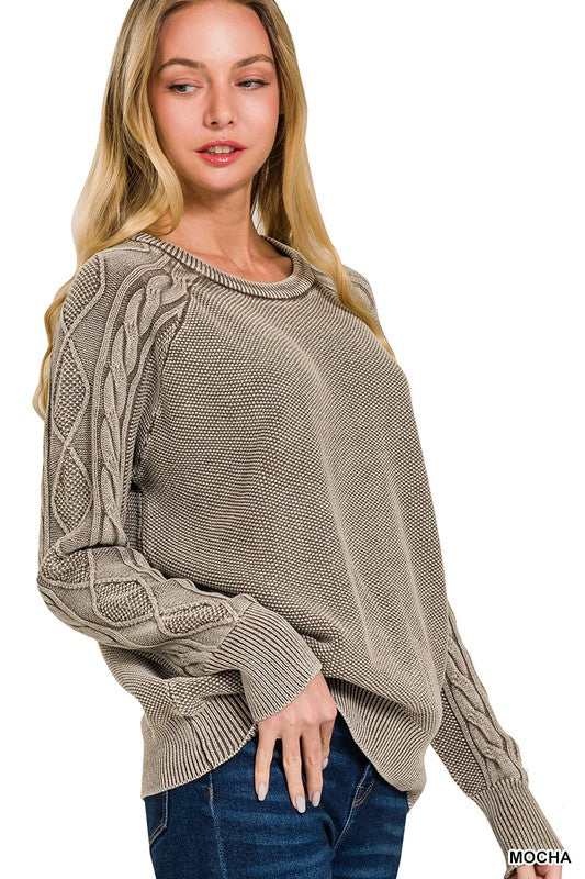 Mocha Stone Washed Cable-sleeve Crewneck Sweater